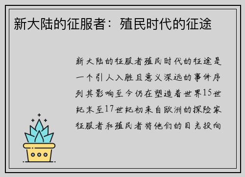 新大陆的征服者：殖民时代的征途